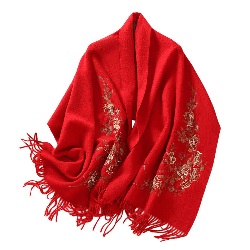 Wool Shawl Flowers Leaves Embroidery Tassel Winter Cozy Travel Scarf Wrap