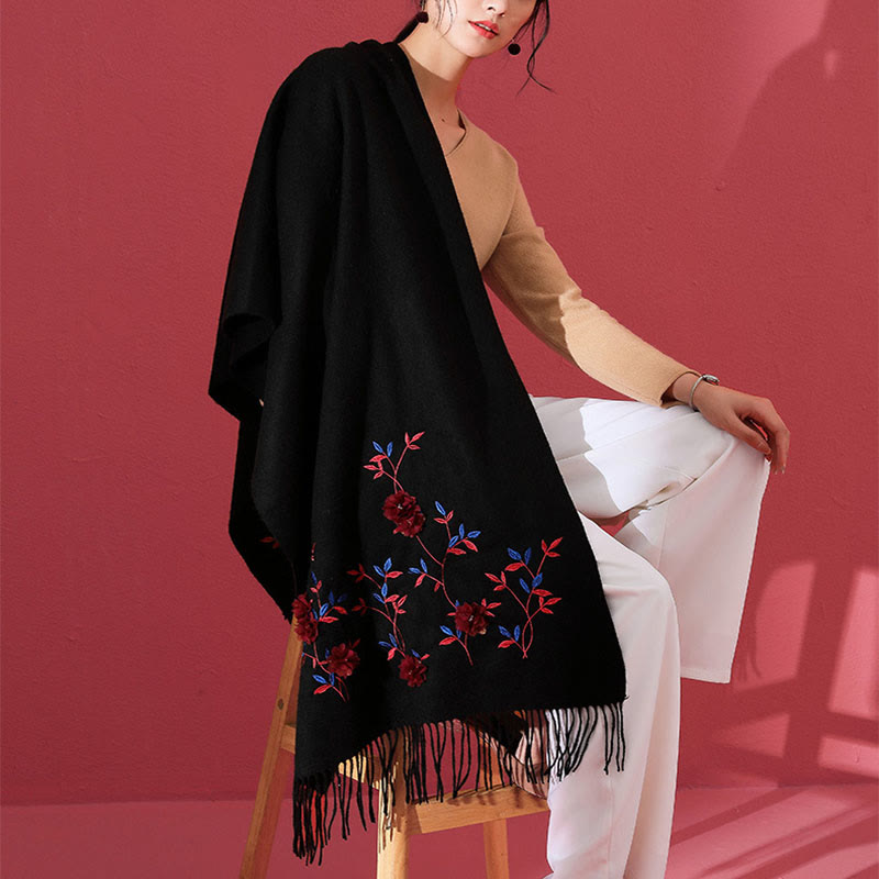 Wool Embroidered Tassel Mindful Sanctuary Shawl Wrap