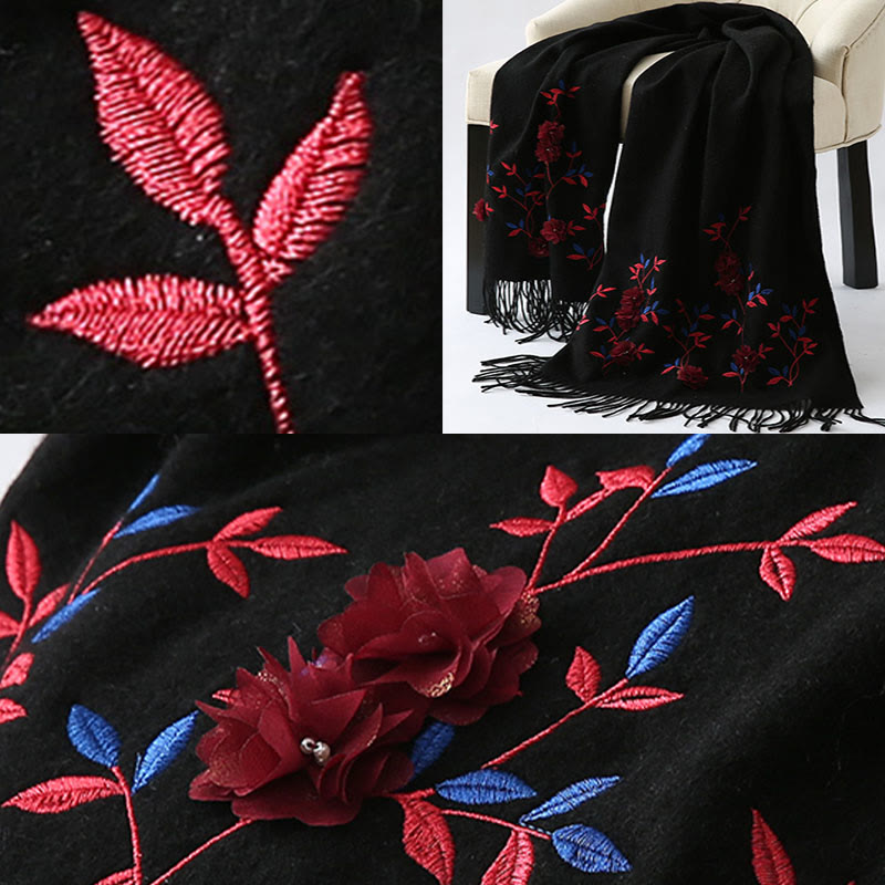 Wool Embroidered Tassel Mindful Sanctuary Shawl Wrap