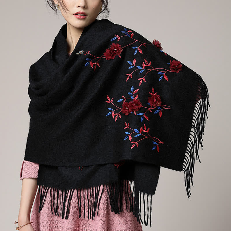 Wool Embroidered Tassel Mindful Sanctuary Shawl Wrap
