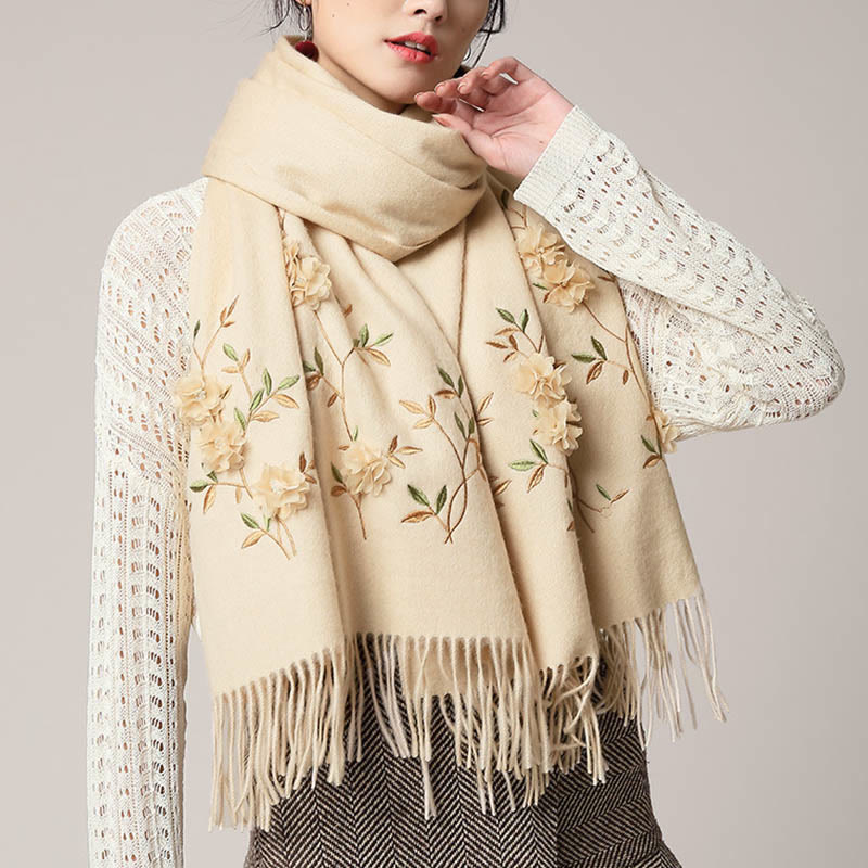 Wool Embroidered Tassel Mindful Sanctuary Shawl Wrap
