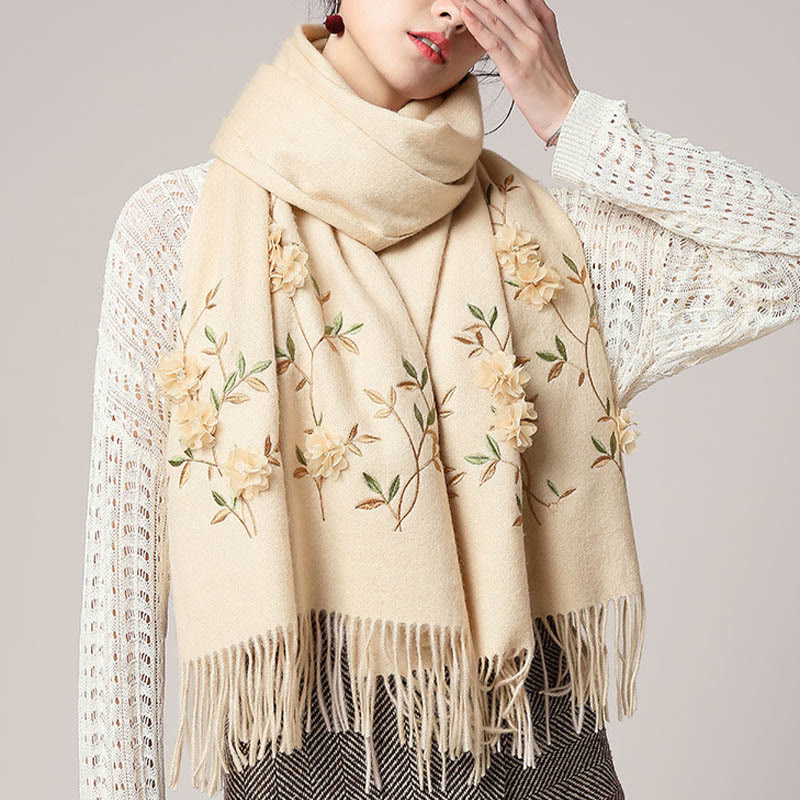 Wool Embroidered Tassel Mindful Sanctuary Shawl Wrap