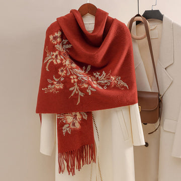 Wool Shawl Red Flower Gold Sequins Embroidery Tassel Winter Cozy Travel Scarf Wrap