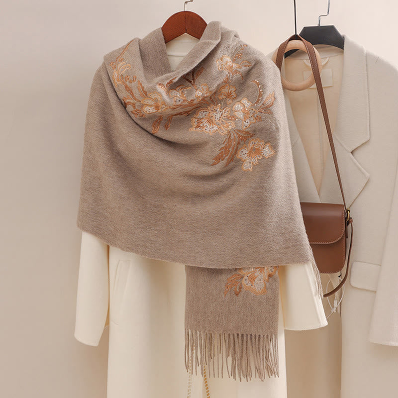 Wool Shawl Red Flower Gold Sequins Embroidery Tassel Winter Cozy Travel Scarf Wrap