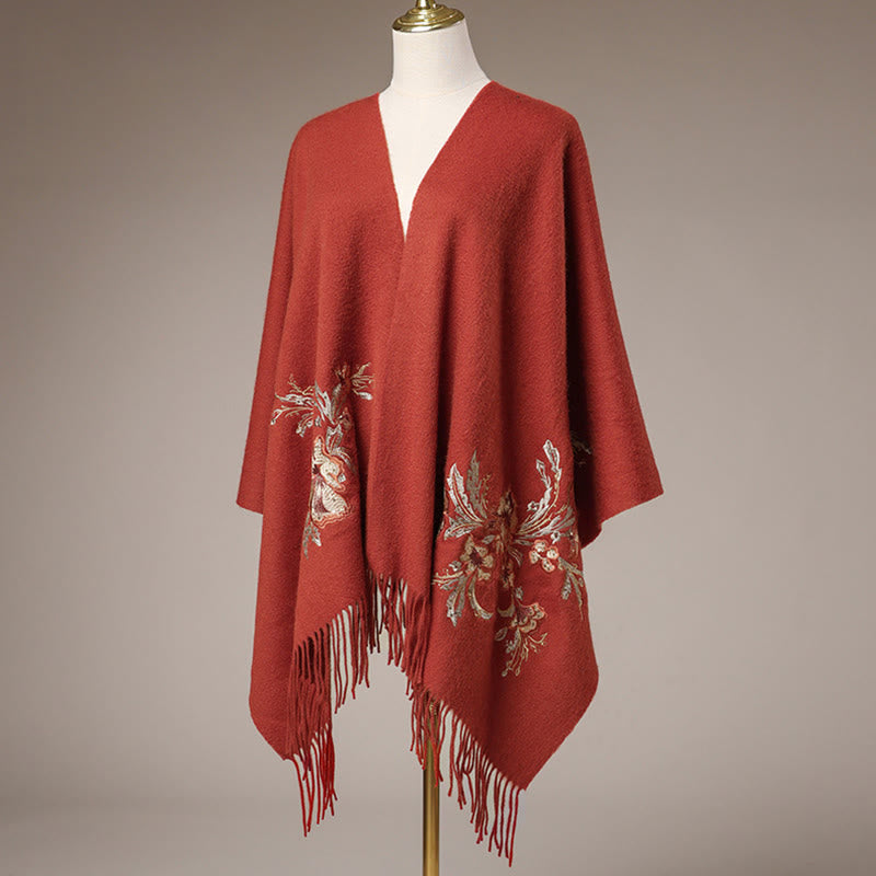 Wool Shawl Red Flower Gold Sequins Embroidery Tassel Winter Cozy Travel Scarf Wrap