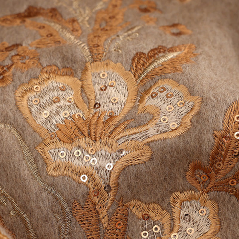 Wool Shawl Red Flower Gold Sequins Embroidery Tassel Winter Cozy Travel Scarf Wrap