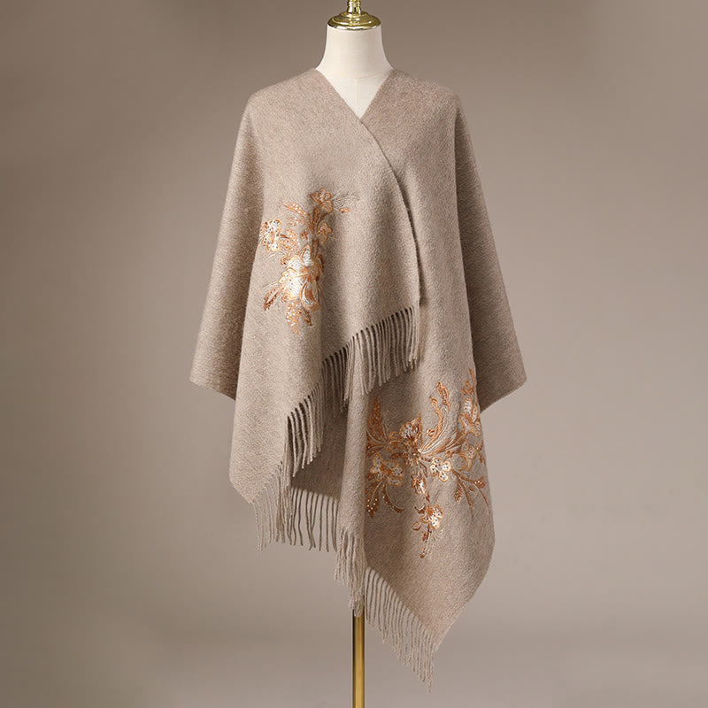 Wool Shawl Red Flower Gold Sequins Embroidery Tassel Winter Cozy Travel Scarf Wrap