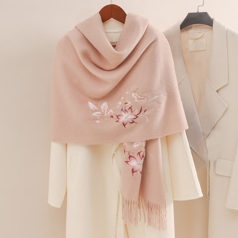Wool Shawl Pink White Flower Embroidery Tassel Winter Cozy Travel Scarf Wrap