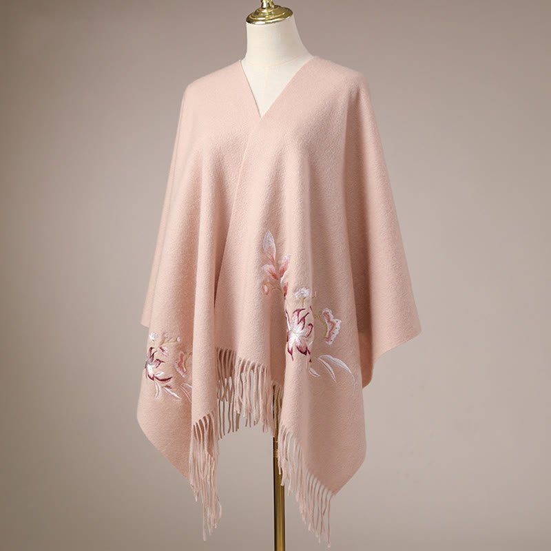 Wool Shawl Pink White Flower Embroidery Tassel Winter Cozy Travel Scarf Wrap