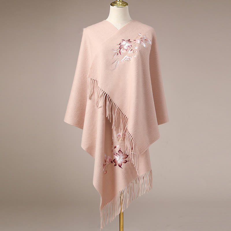 Wool Shawl Pink White Flower Embroidery Tassel Winter Cozy Travel Scarf Wrap