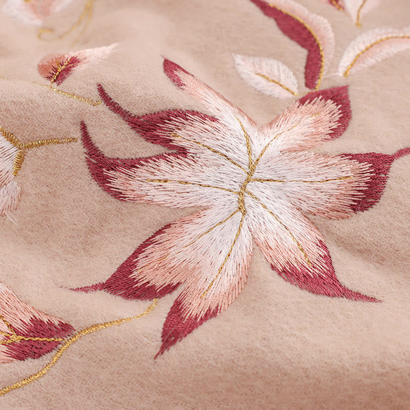 Wool Shawl Pink White Flower Embroidery Tassel Winter Cozy Travel Scarf Wrap
