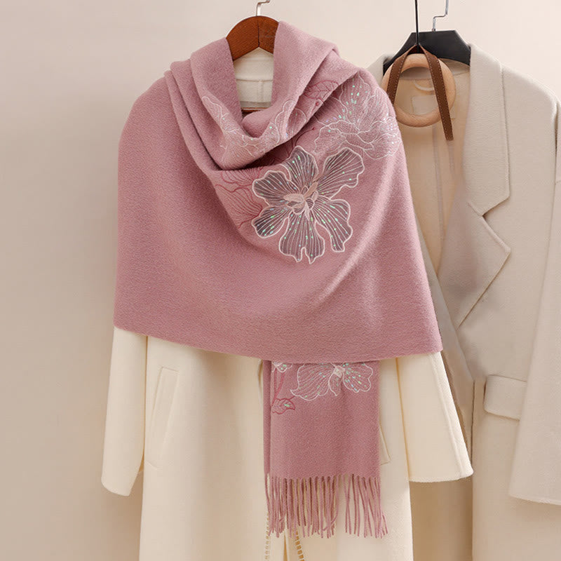 Wool Shawl Big Flower Sequins Embroidery Tassel Winter Cozy Travel Scarf Wrap