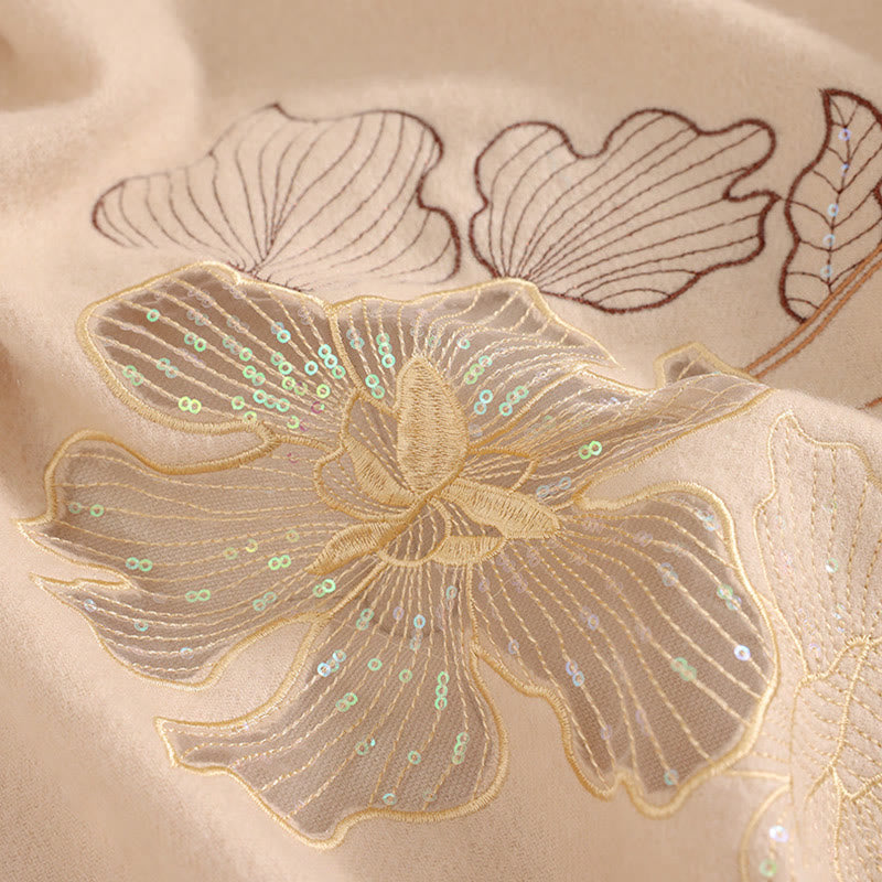 Wool Shawl Big Flower Sequins Embroidery Tassel Winter Cozy Travel Scarf Wrap