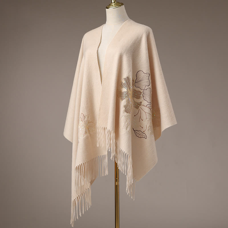 Wool Shawl Big Flower Sequins Embroidery Tassel Winter Cozy Travel Scarf Wrap