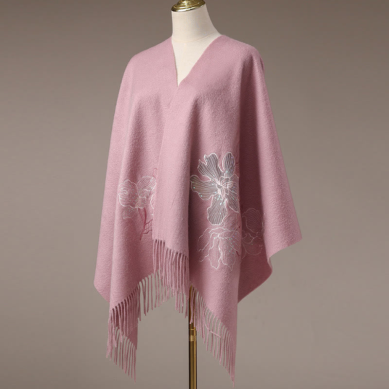 Wool Shawl Big Flower Sequins Embroidery Tassel Winter Cozy Travel Scarf Wrap