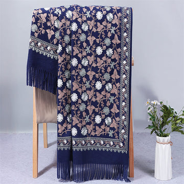 Polyester Shawl Cashew Flowers Embroidery Tassel Winter Cozy Travel Scarf Wrap