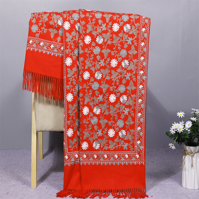 Polyester Shawl Cashew Flowers Embroidery Tassel Winter Cozy Travel Scarf Wrap