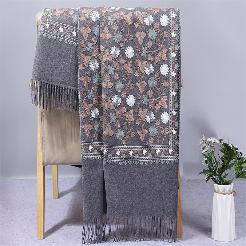 Polyester Shawl Cashew Flowers Embroidery Tassel Winter Cozy Travel Scarf Wrap