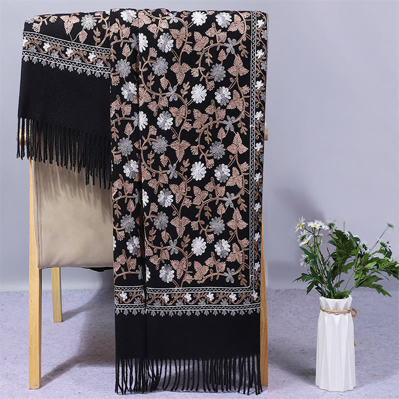 Polyester Shawl Cashew Flowers Embroidery Tassel Winter Cozy Travel Scarf Wrap