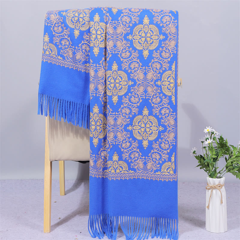 Polyester Shawl Symmetry Gold Filigree Embroidery Tassel Winter Cozy Travel Scarf Wrap