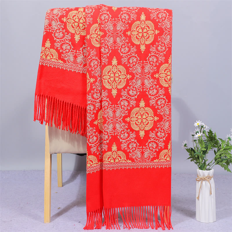 Polyester Shawl Symmetry Gold Filigree Embroidery Tassel Winter Cozy Travel Scarf Wrap