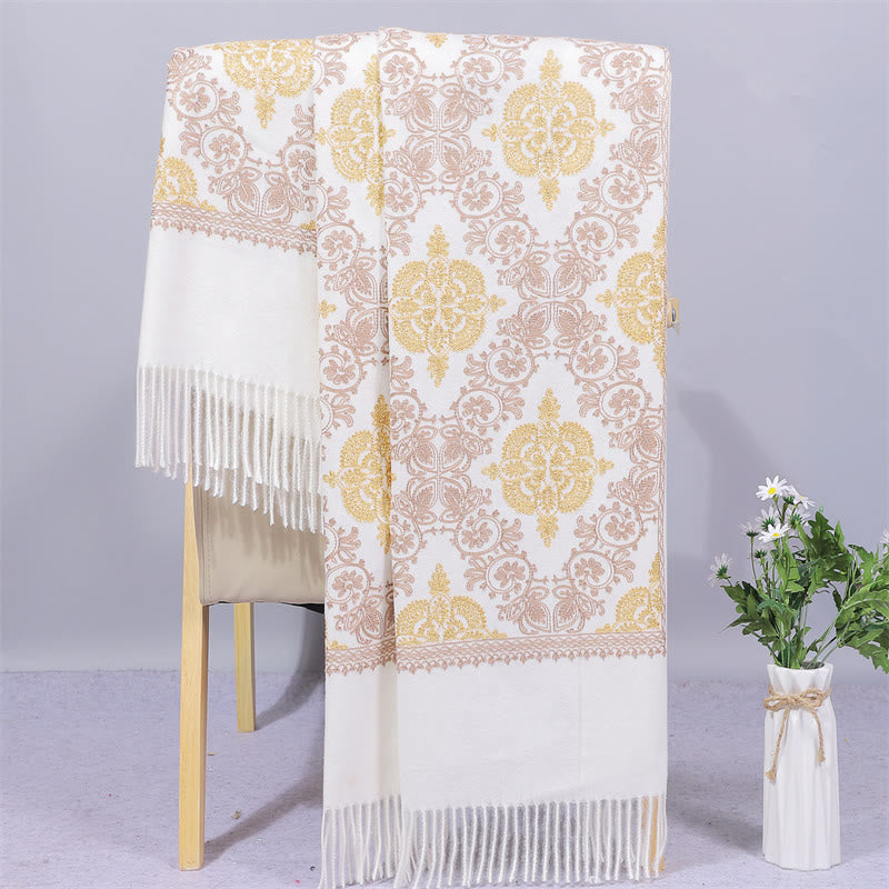 Polyester Shawl Symmetry Gold Filigree Embroidery Tassel Winter Cozy Travel Scarf Wrap