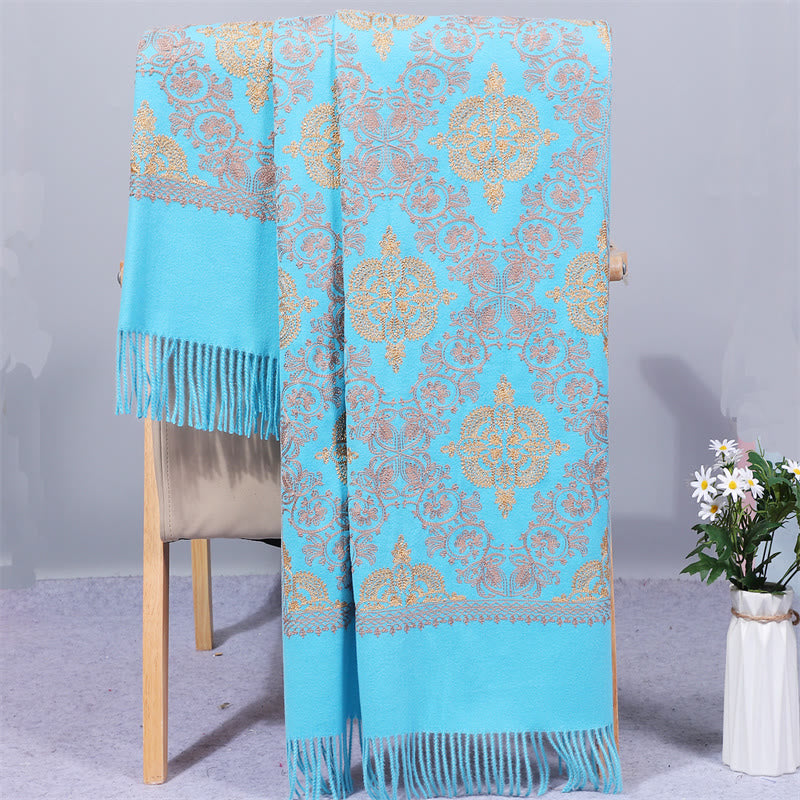 Polyester Shawl Symmetry Gold Filigree Embroidery Tassel Winter Cozy Travel Scarf Wrap