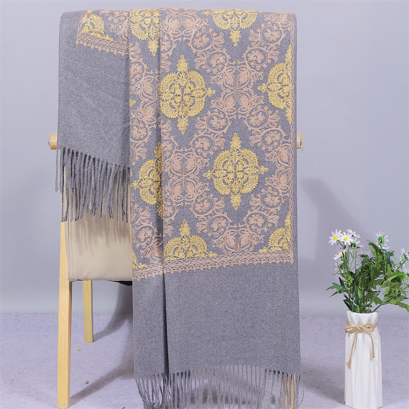 Polyester Shawl Symmetry Gold Filigree Embroidery Tassel Winter Cozy Travel Scarf Wrap