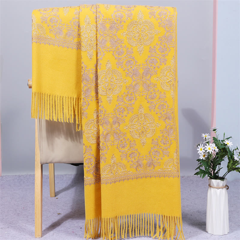 Polyester Shawl Symmetry Gold Filigree Embroidery Tassel Winter Cozy Travel Scarf Wrap