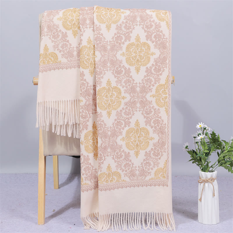Polyester Shawl Symmetry Gold Filigree Embroidery Tassel Winter Cozy Travel Scarf Wrap