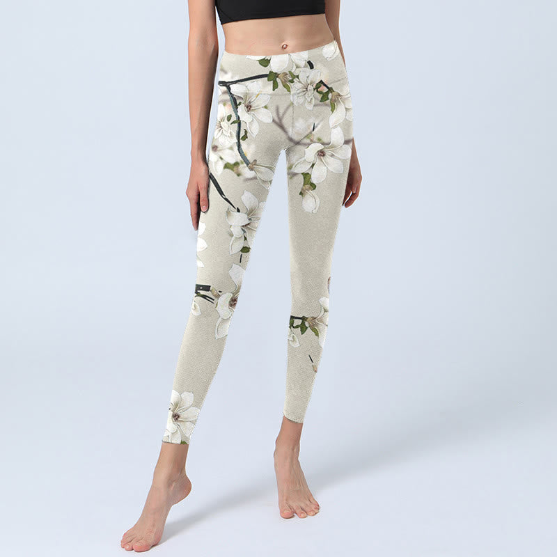 White Magnolia Flower Print Sports Fitness Leggings Women's Yoga Pants