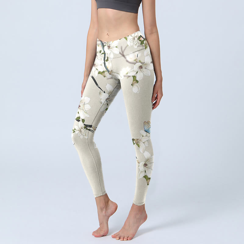 White Magnolia Flower Print Sports Fitness Leggings Women's Yoga Pants