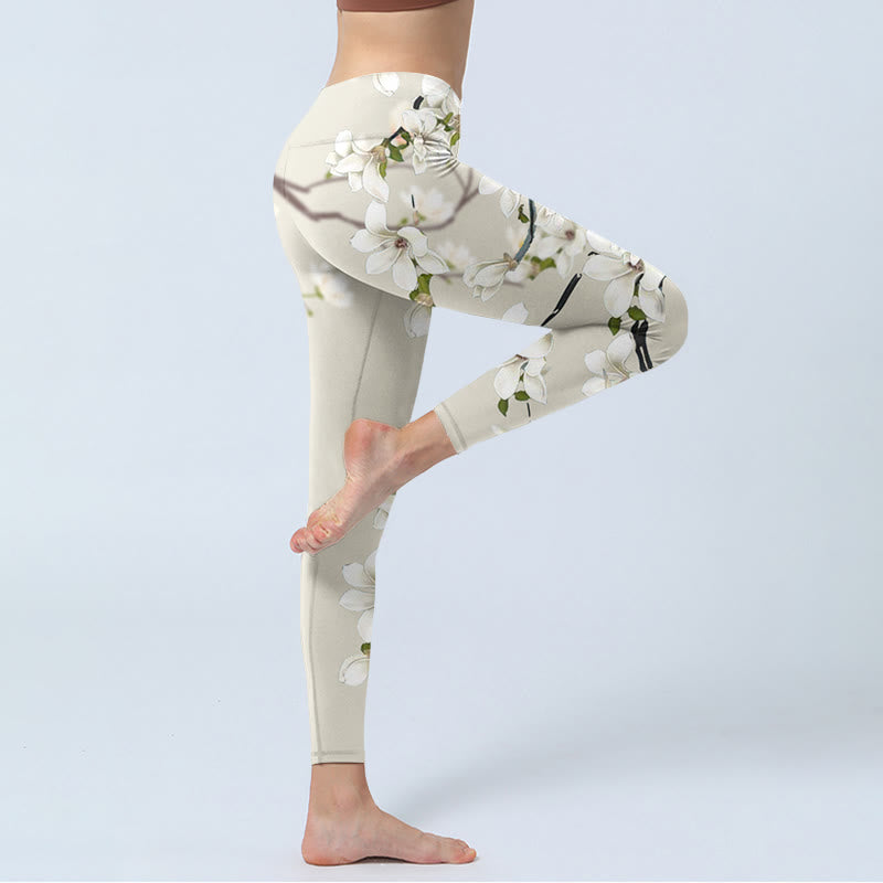 White Magnolia Flower Print Sports Fitness Leggings Women's Yoga Pants