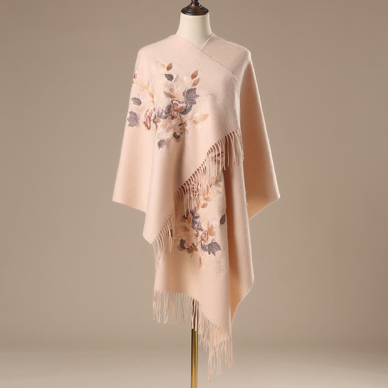 Wool Shawl White Pink Flowers Golden Leaves Embroidery Tassel Winter Cozy Travel Scarf Wrap