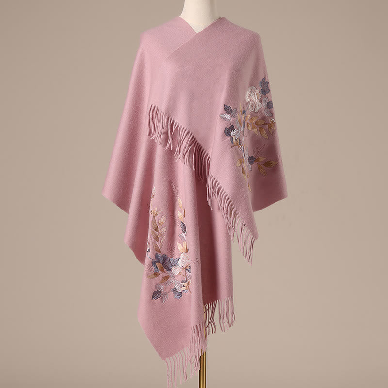 Wool Shawl White Pink Flowers Golden Leaves Embroidery Tassel Winter Cozy Travel Scarf Wrap