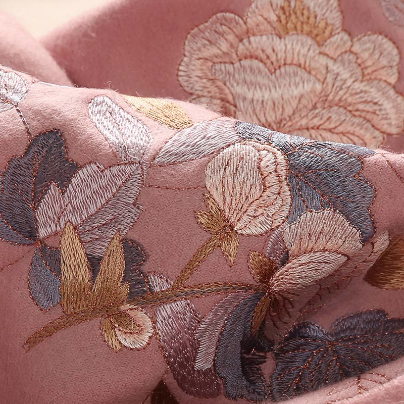 Wool Shawl White Pink Flowers Golden Leaves Embroidery Tassel Winter Cozy Travel Scarf Wrap