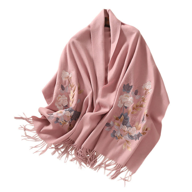 Wool Shawl White Pink Flowers Golden Leaves Embroidery Tassel Winter Cozy Travel Scarf Wrap
