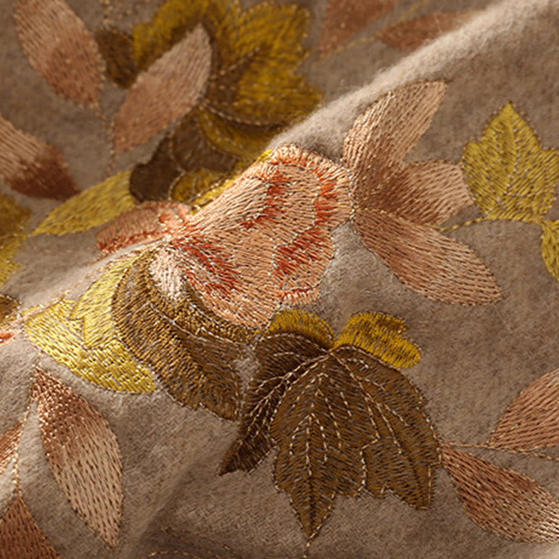 Wool Shawl White Pink Flowers Golden Leaves Embroidery Tassel Winter Cozy Travel Scarf Wrap