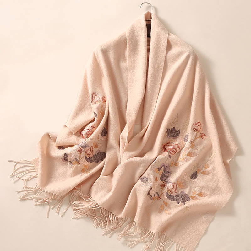 Wool Shawl White Pink Flowers Golden Leaves Embroidery Tassel Winter Cozy Travel Scarf Wrap