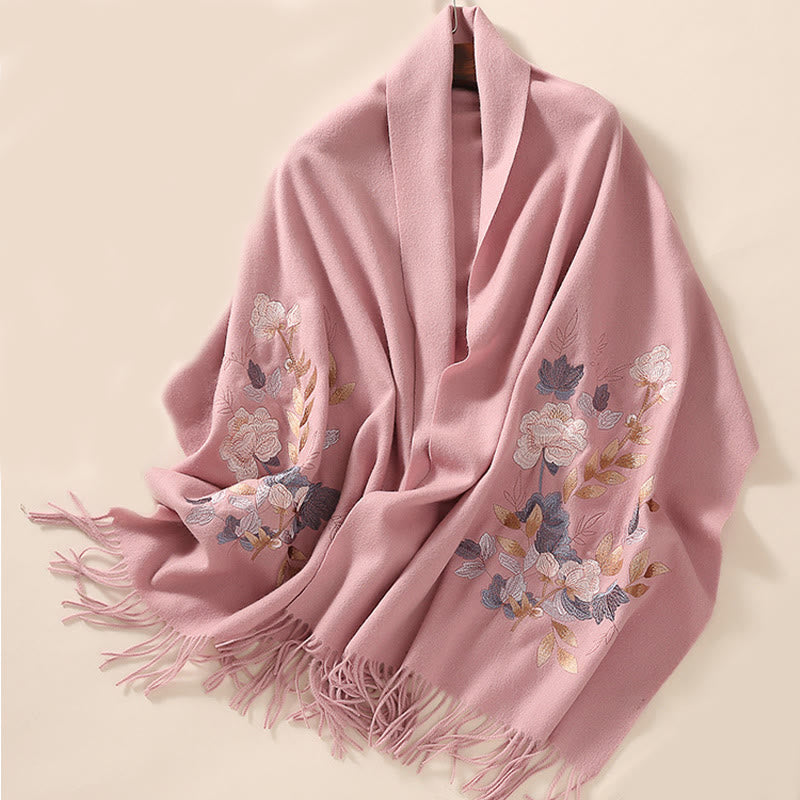 Wool Shawl White Pink Flowers Golden Leaves Embroidery Tassel Winter Cozy Travel Scarf Wrap
