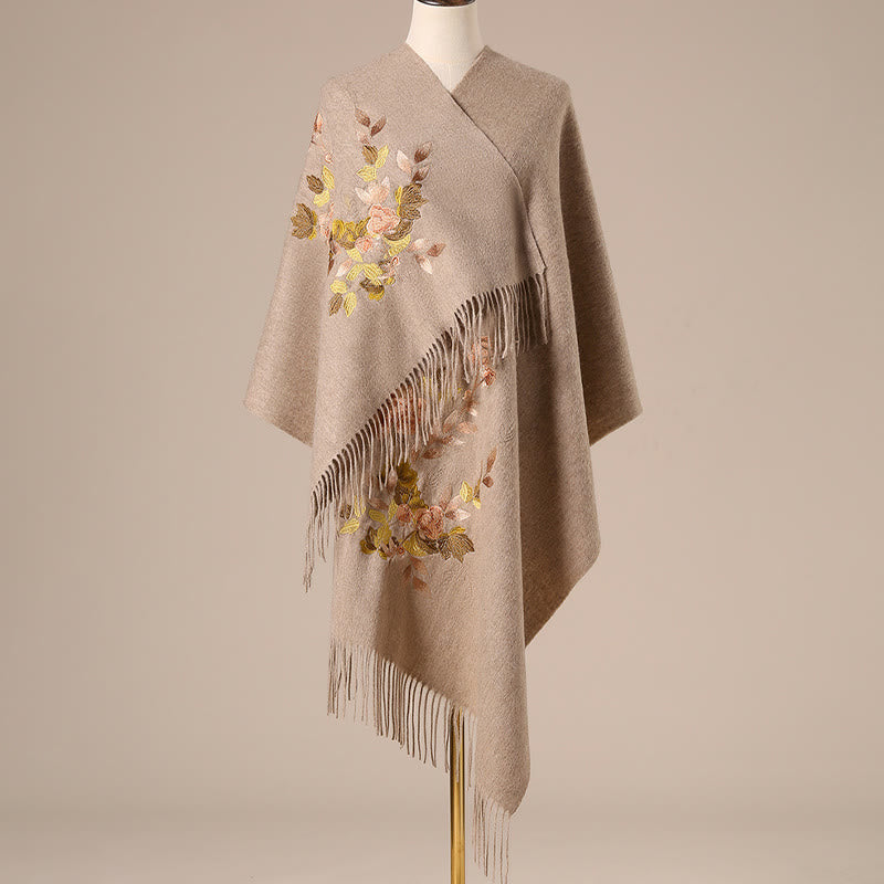 Wool Shawl White Pink Flowers Golden Leaves Embroidery Tassel Winter Cozy Travel Scarf Wrap