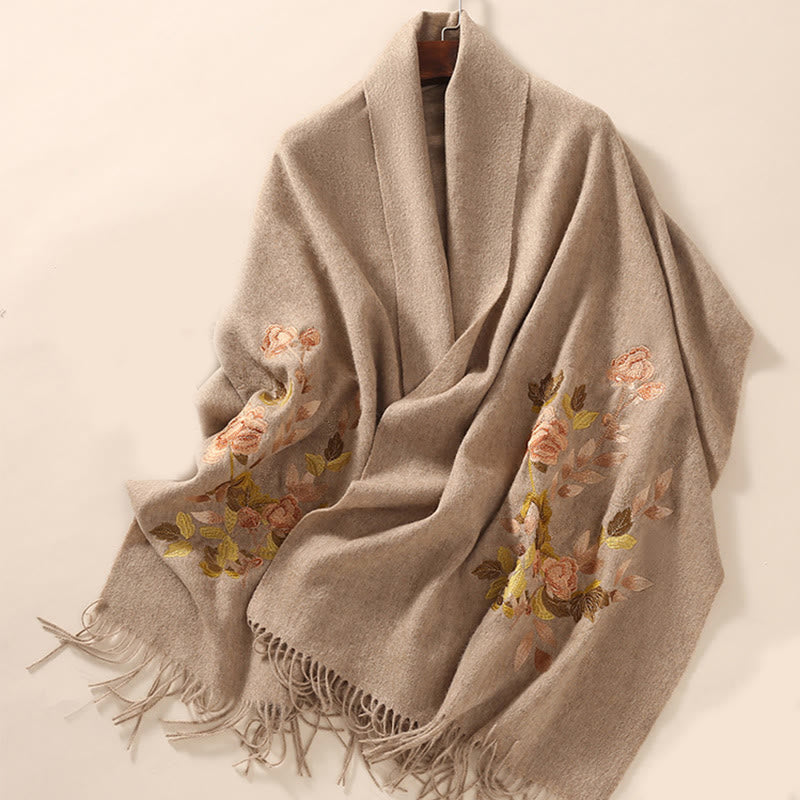 Wool Shawl White Pink Flowers Golden Leaves Embroidery Tassel Winter Cozy Travel Scarf Wrap