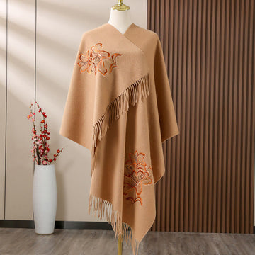 Wool Shawl Lily Embroidery Tassel Winter Cozy Travel Scarf Wrap