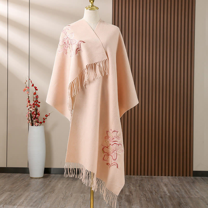 Wool Shawl Lily Embroidery Tassel Winter Cozy Travel Scarf Wrap