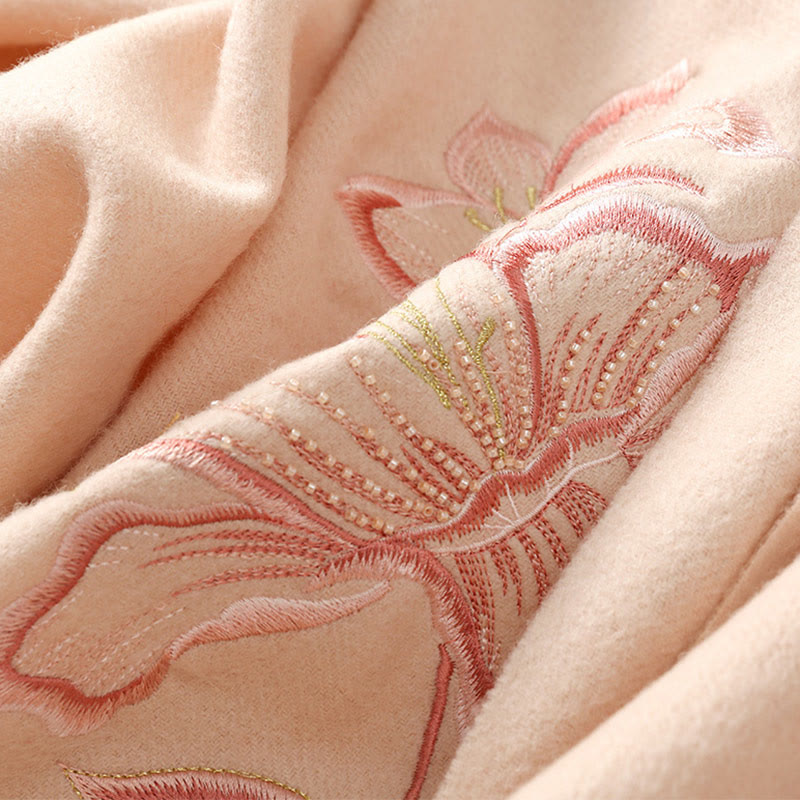 Wool Shawl Lily Embroidery Tassel Winter Cozy Travel Scarf Wrap