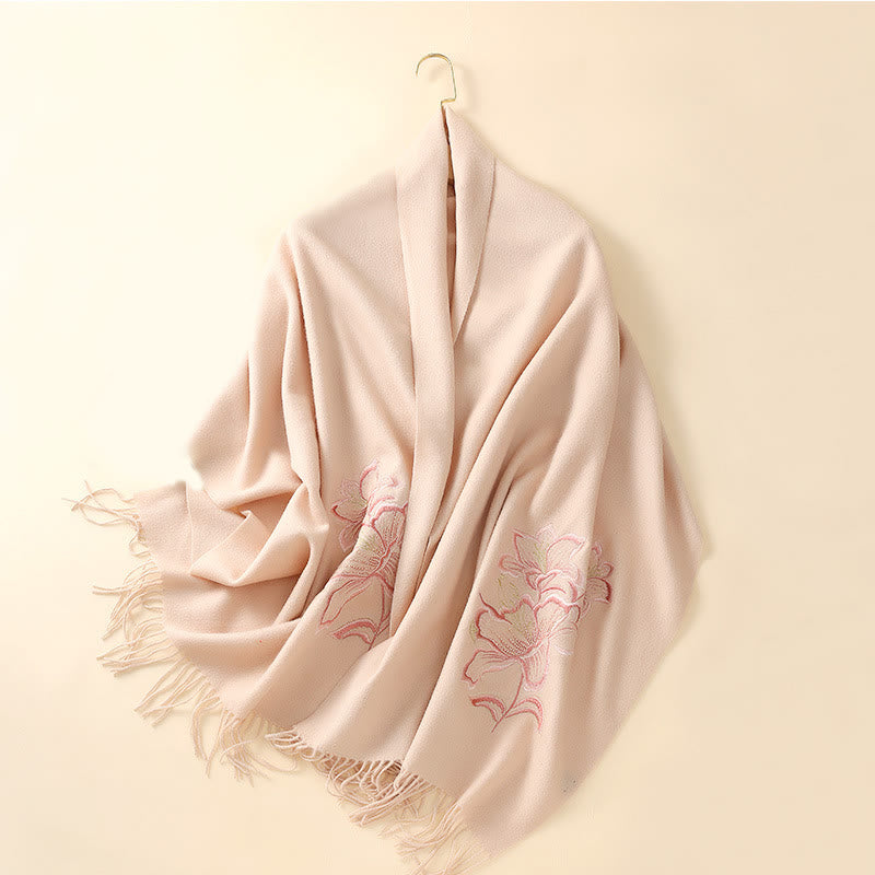Wool Shawl Lily Embroidery Tassel Winter Cozy Travel Scarf Wrap