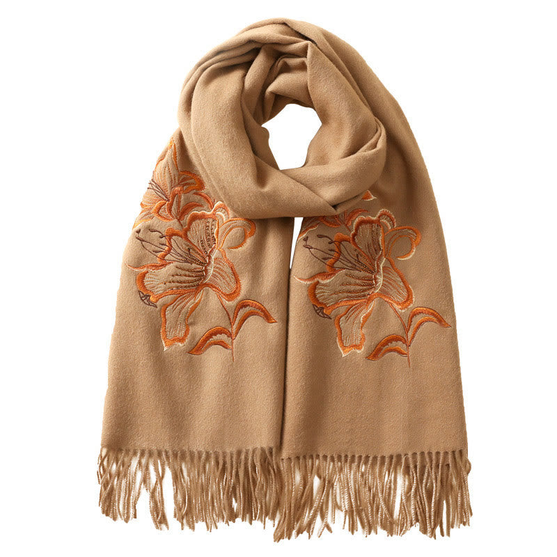 Wool Shawl Lily Embroidery Tassel Winter Cozy Travel Scarf Wrap
