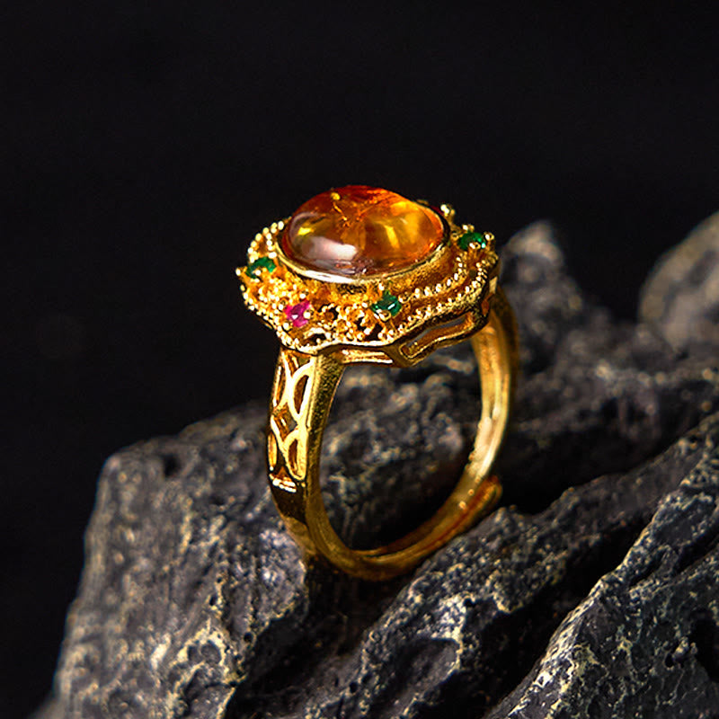 Flower Amber Hollow Lace Confidence Adjustable Ring