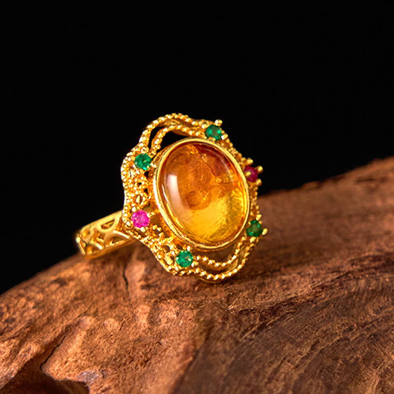 Flower Amber Hollow Lace Confidence Adjustable Ring