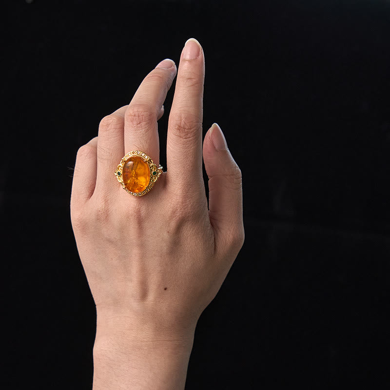 Amber Pigeon Egg Flower Ring in Gold and Copper